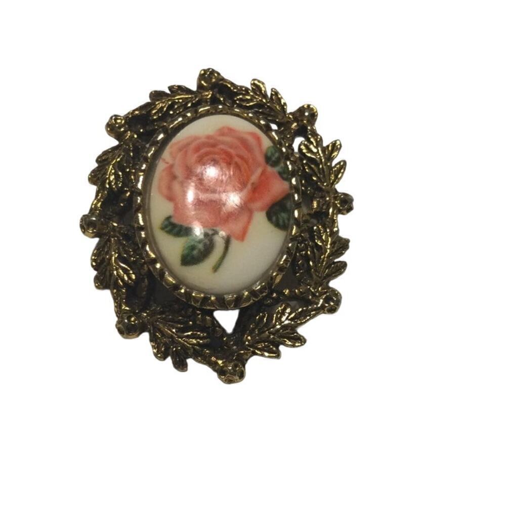 Vtg Floral enamel brooch victorian rose tarnished gold cameo style pin Cottage